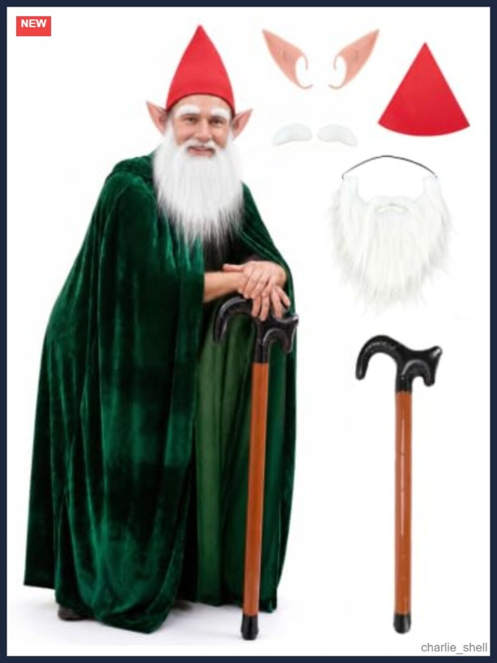 Gnome Costume Set with Hat Beard Cloak Dwarf Men Halloween Classic Fantasy